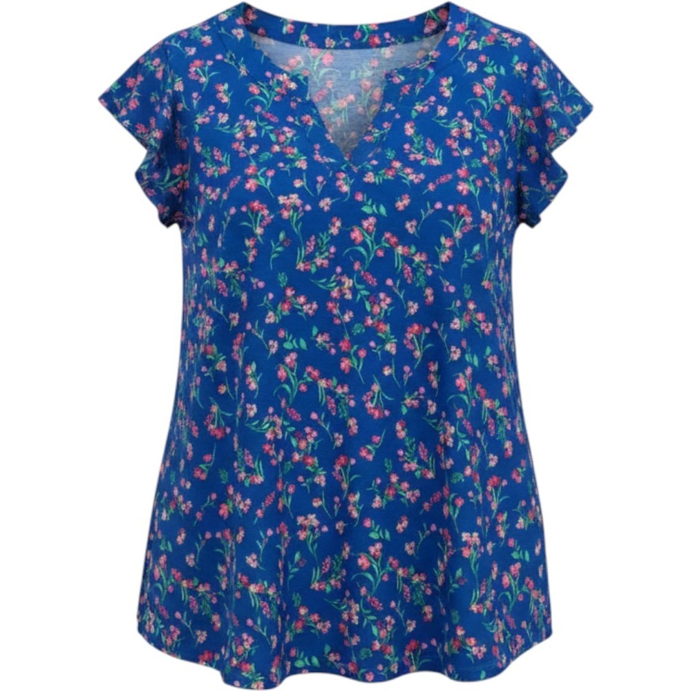 Dear Scarlett Womens Top XL Blue Floral Flutter Sleeve V-Neck Blouse Casual